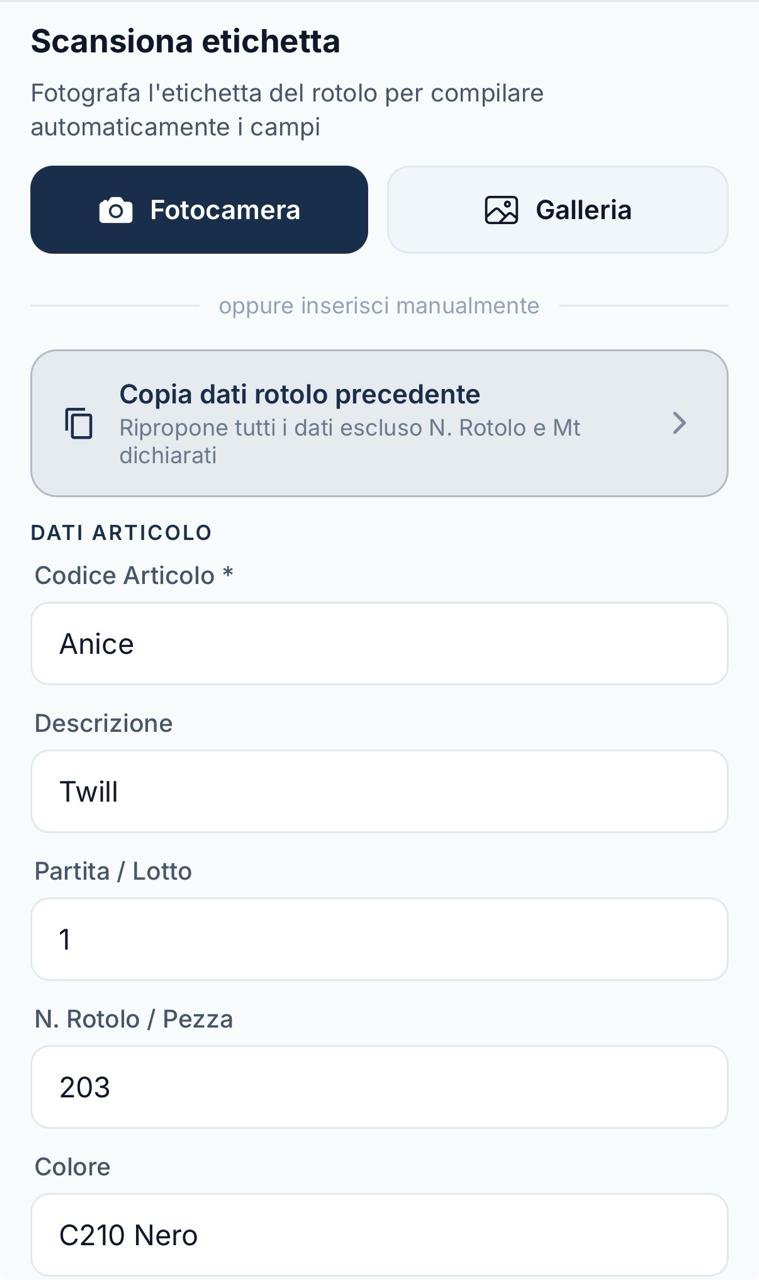 Scansione etichetta e compilazione dati